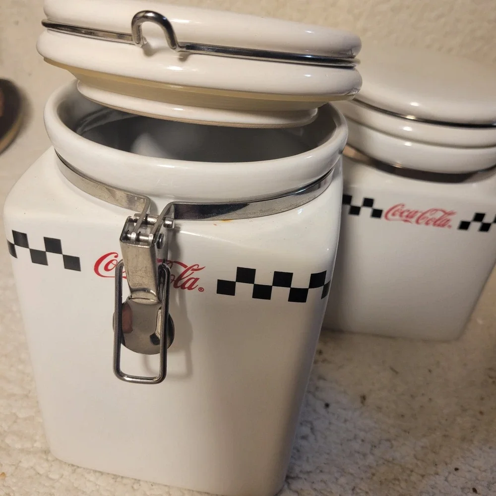 Coca-Cola Gibson Ceramic Canister Set 3pc White‎ Diner Checkered Retro 2002